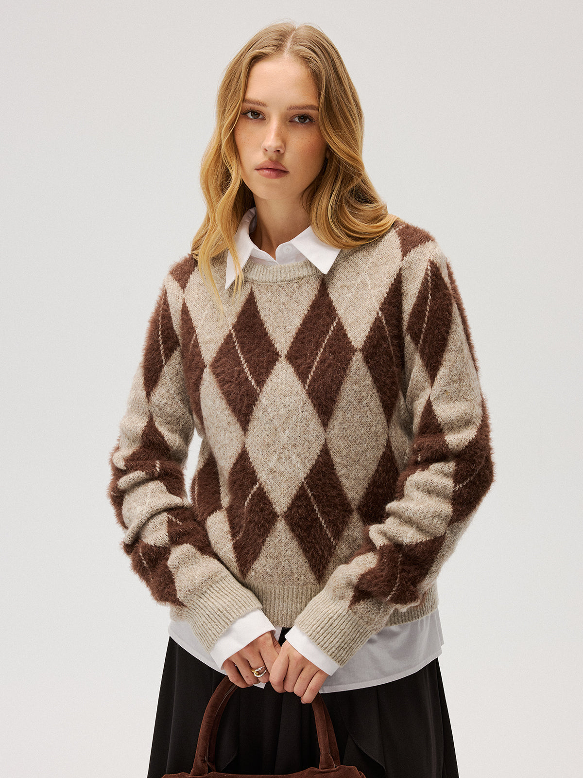 Argyle Pattern Wool Blend Fuzzy Sweater Cozy Winter Knitwear
