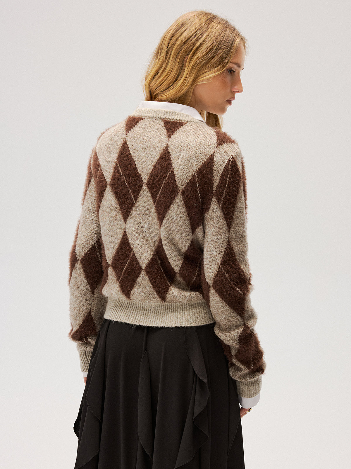 Argyle Pattern Wool Blend Fuzzy Sweater Cozy Winter Knitwear