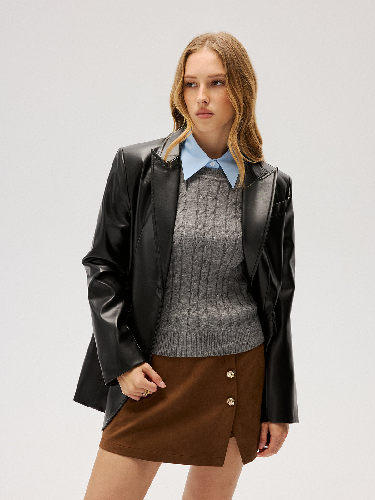 2 in 1 Contrast Shirt Collar Cable-Knit Sweater for Women Cozy Winter Wear
