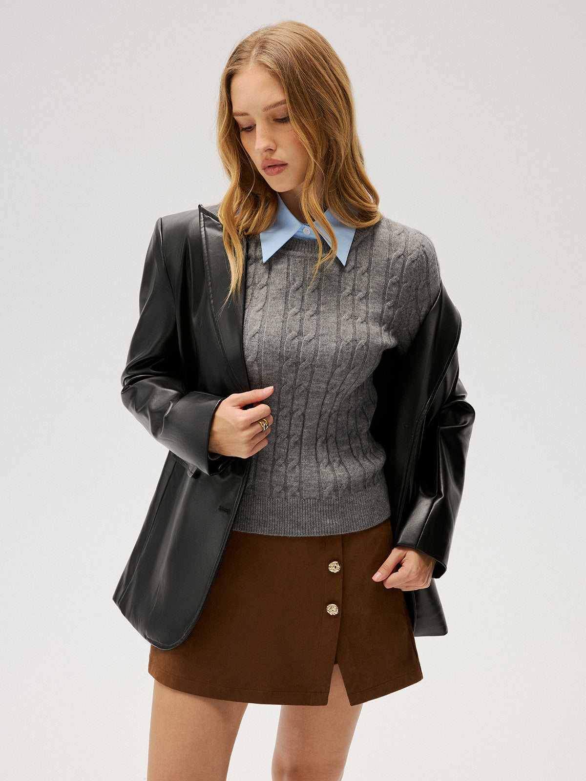 2 in 1 Contrast Shirt Collar Cable-Knit Sweater for Women Cozy Winter Wear