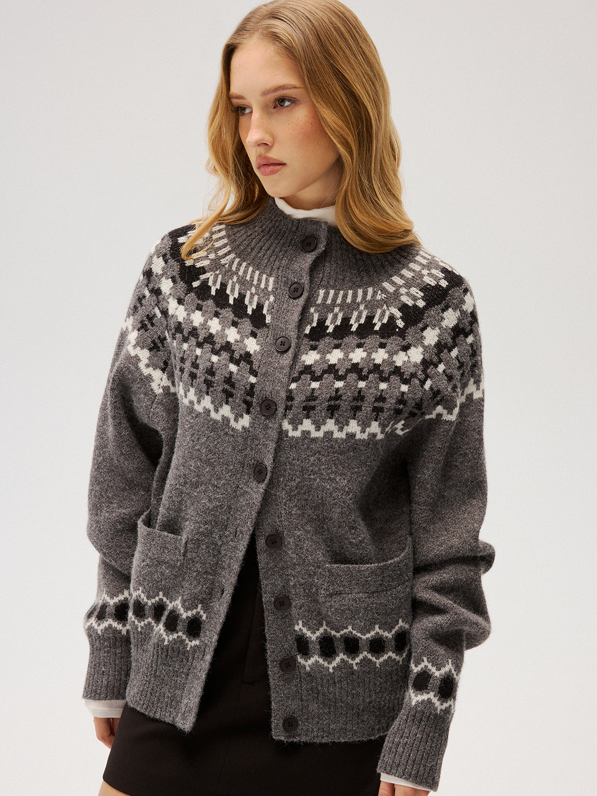 Loose Fair Isle Knit Button Front Cardigan Cozy Winter Sweater