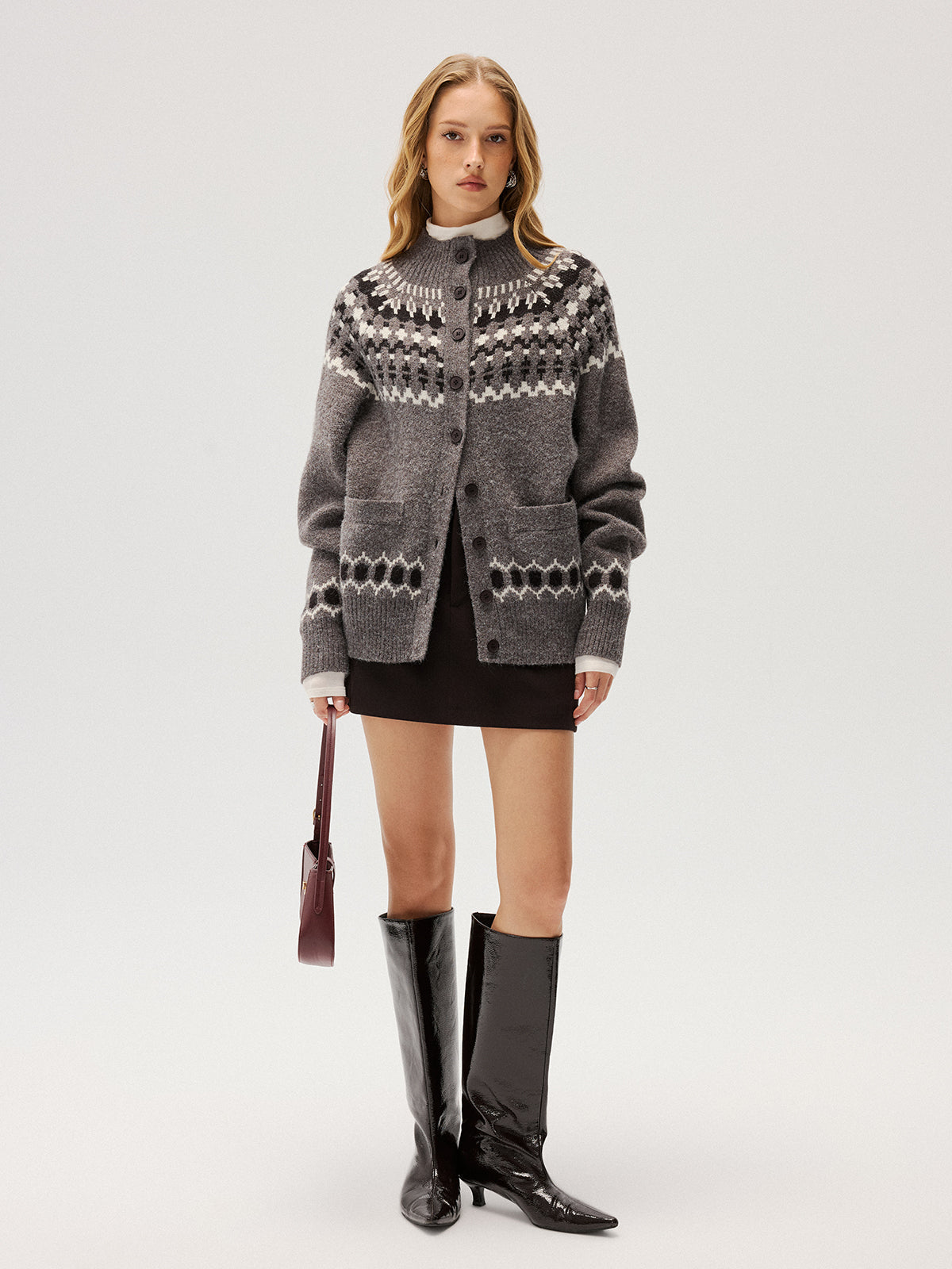 Loose Fair Isle Knit Button Front Cardigan Cozy Winter Sweater