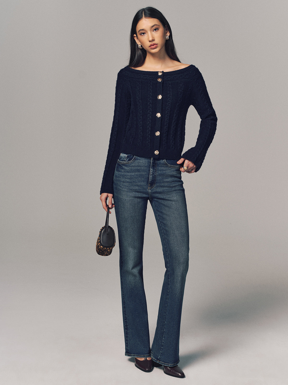Multi-Way Cable Knit Boat Neck Metal Detail Knitted Top for Stylish Layering