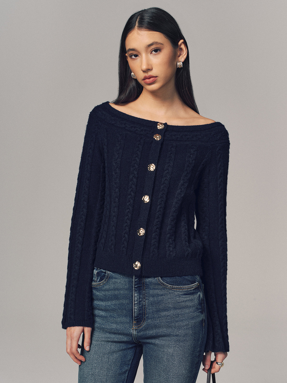 Multi-Way Cable Knit Boat Neck Metal Detail Knitted Top for Stylish Layering