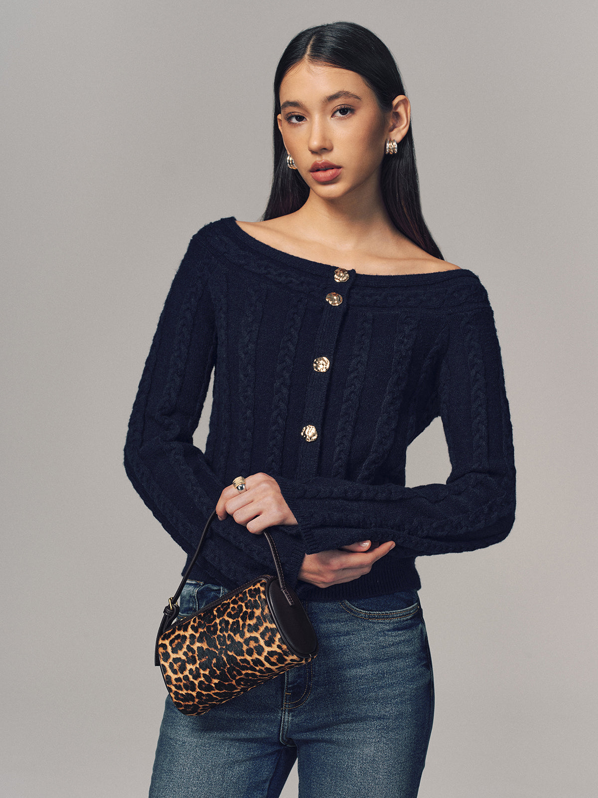 Multi-Way Cable Knit Boat Neck Metal Detail Knitted Top for Stylish Layering
