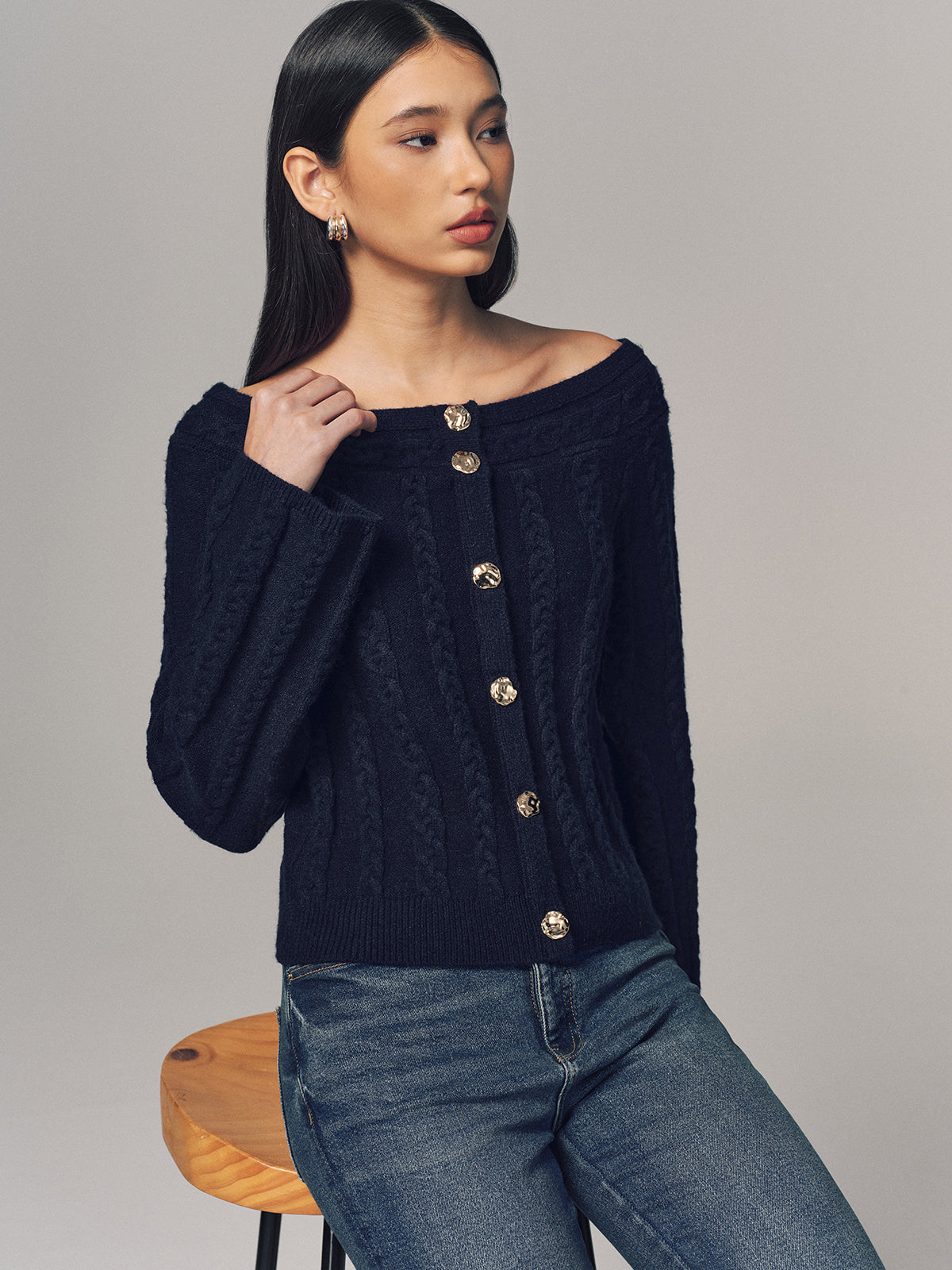Multi-Way Cable Knit Boat Neck Metal Detail Knitted Top for Stylish Layering