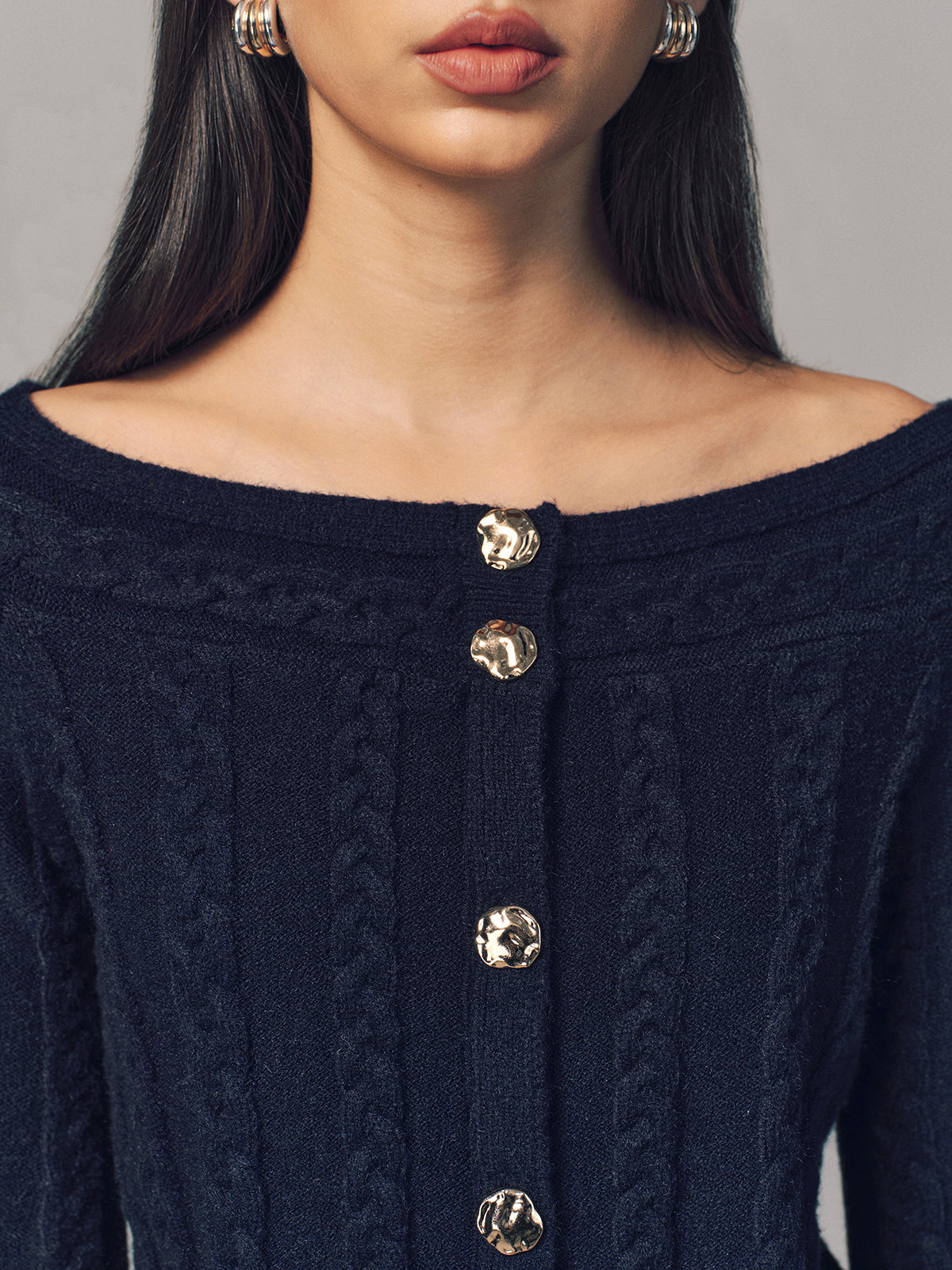 Multi-Way Cable Knit Boat Neck Metal Detail Knitted Top for Stylish Layering