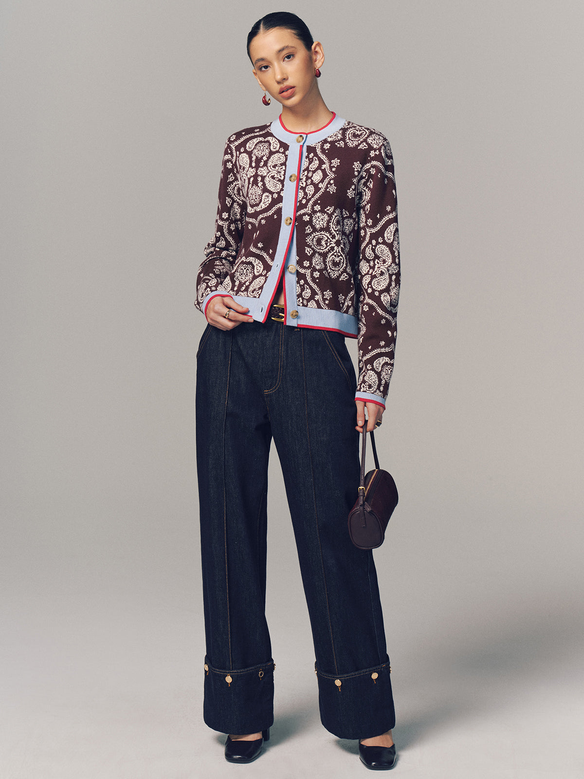 Contrast Trim Paisley Knit Cardigan Cozy Lightweight Sweater