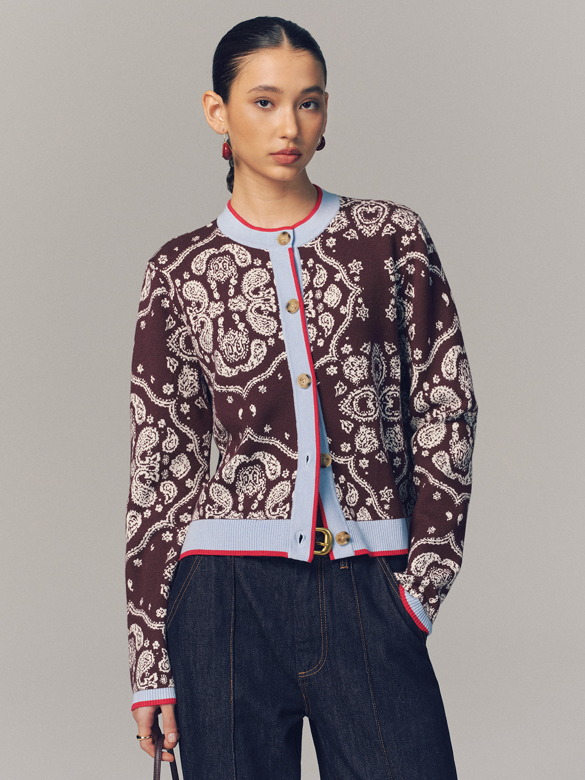 Contrast Trim Paisley Knit Cardigan Cozy Lightweight Sweater