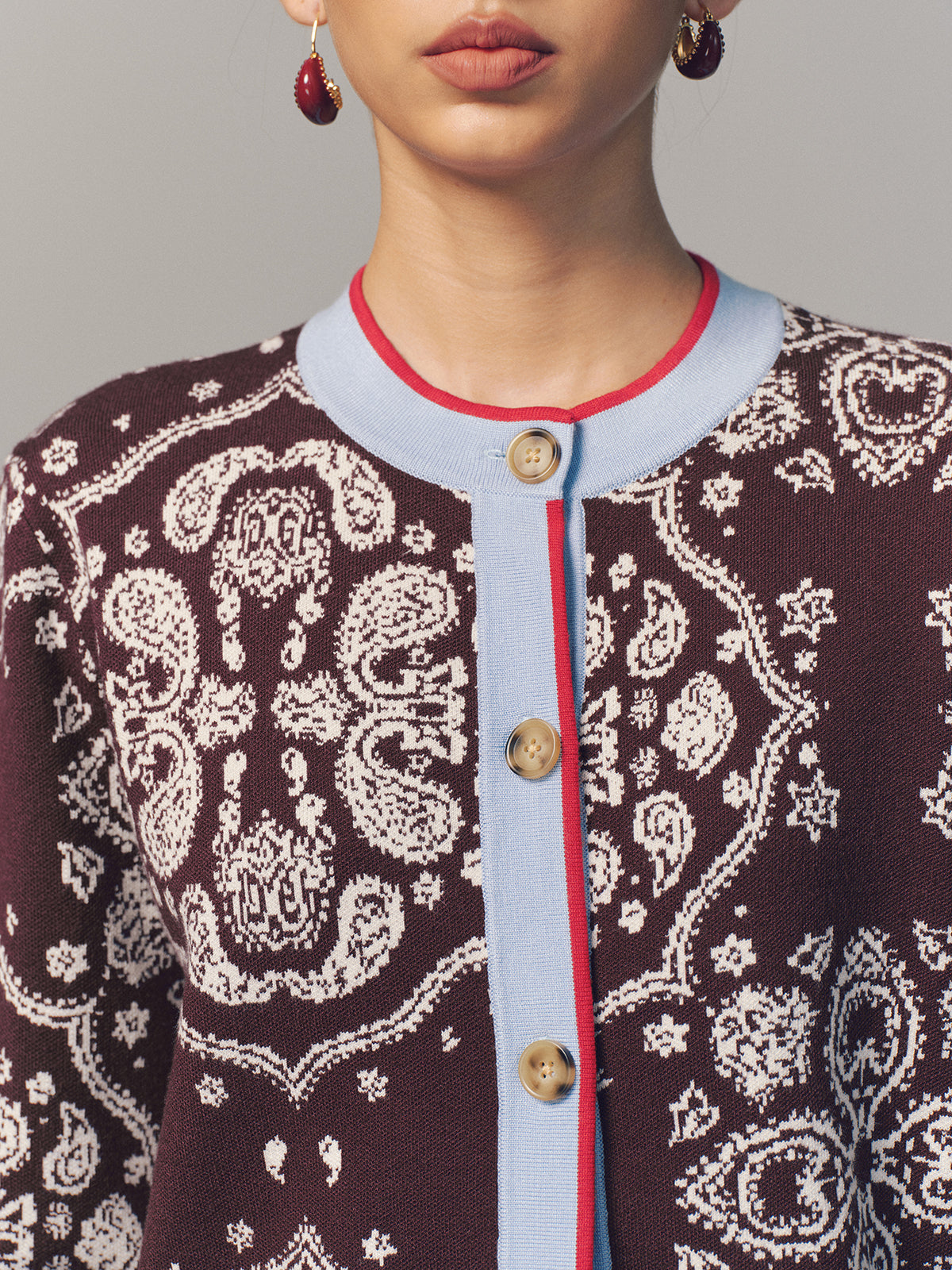 Contrast Trim Paisley Knit Cardigan Cozy Lightweight Sweater