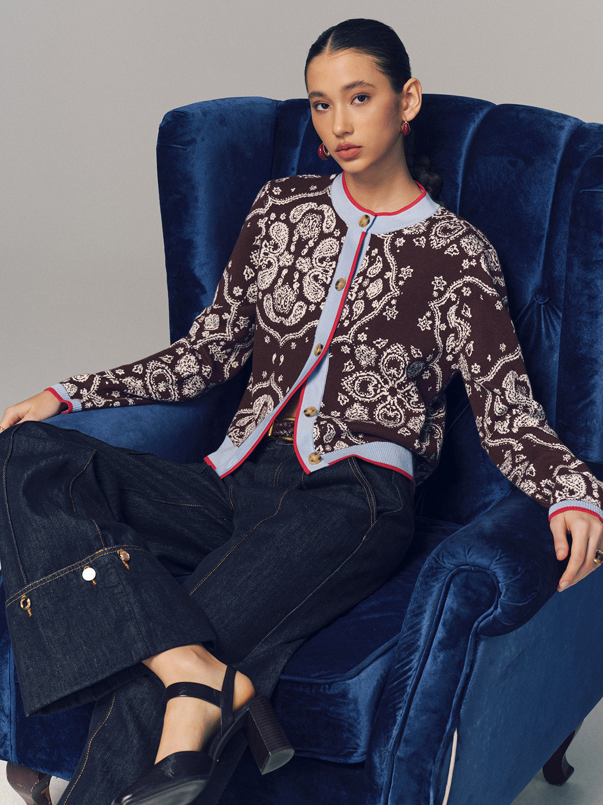 Contrast Trim Paisley Knit Cardigan Cozy Lightweight Sweater
