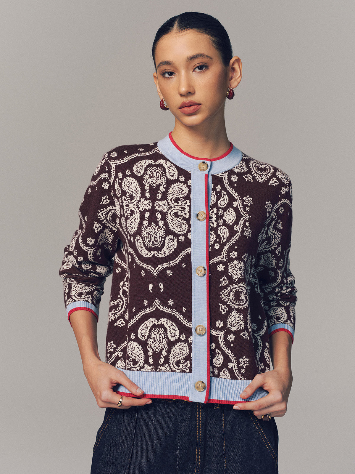 Contrast Trim Paisley Knit Cardigan Cozy Lightweight Sweater