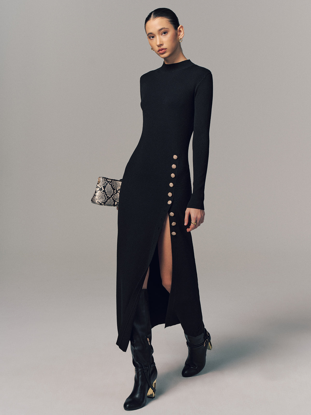 Side Button Slit Rib-Knit Maxi Dress for Women, Casual Long Sleeve
