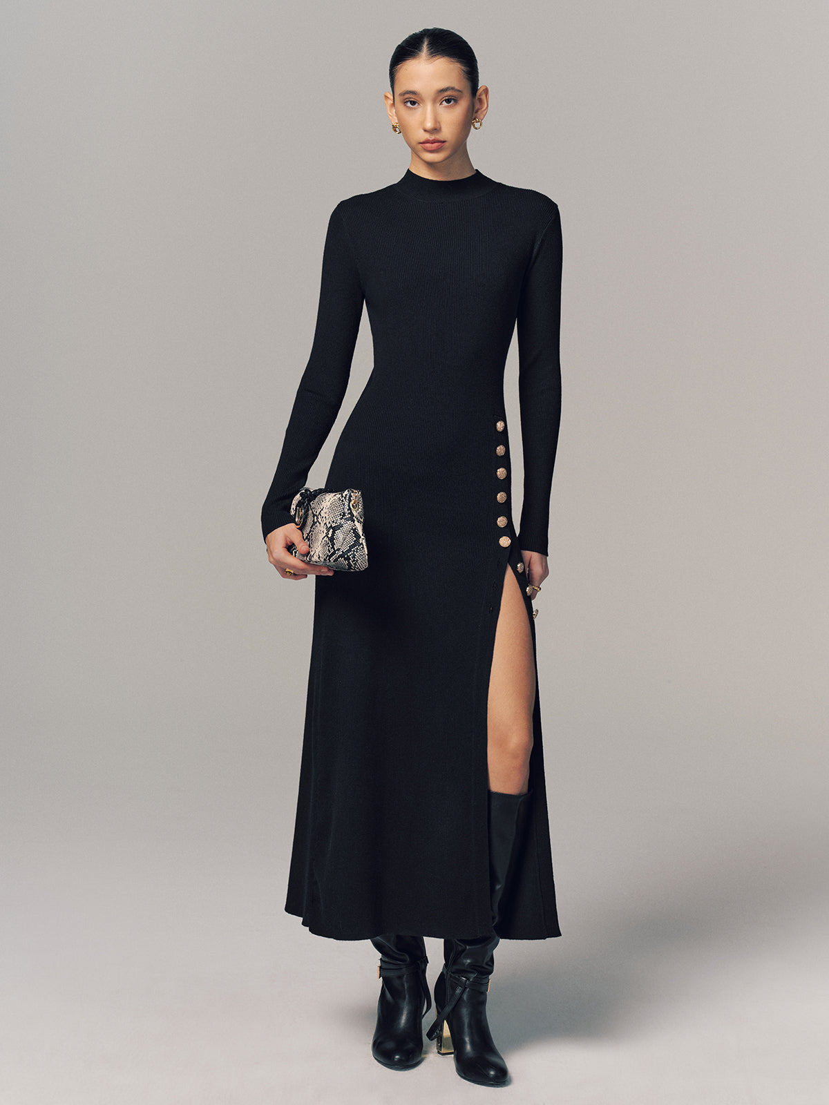 Side Button Slit Rib-Knit Maxi Dress for Women, Casual Long Sleeve