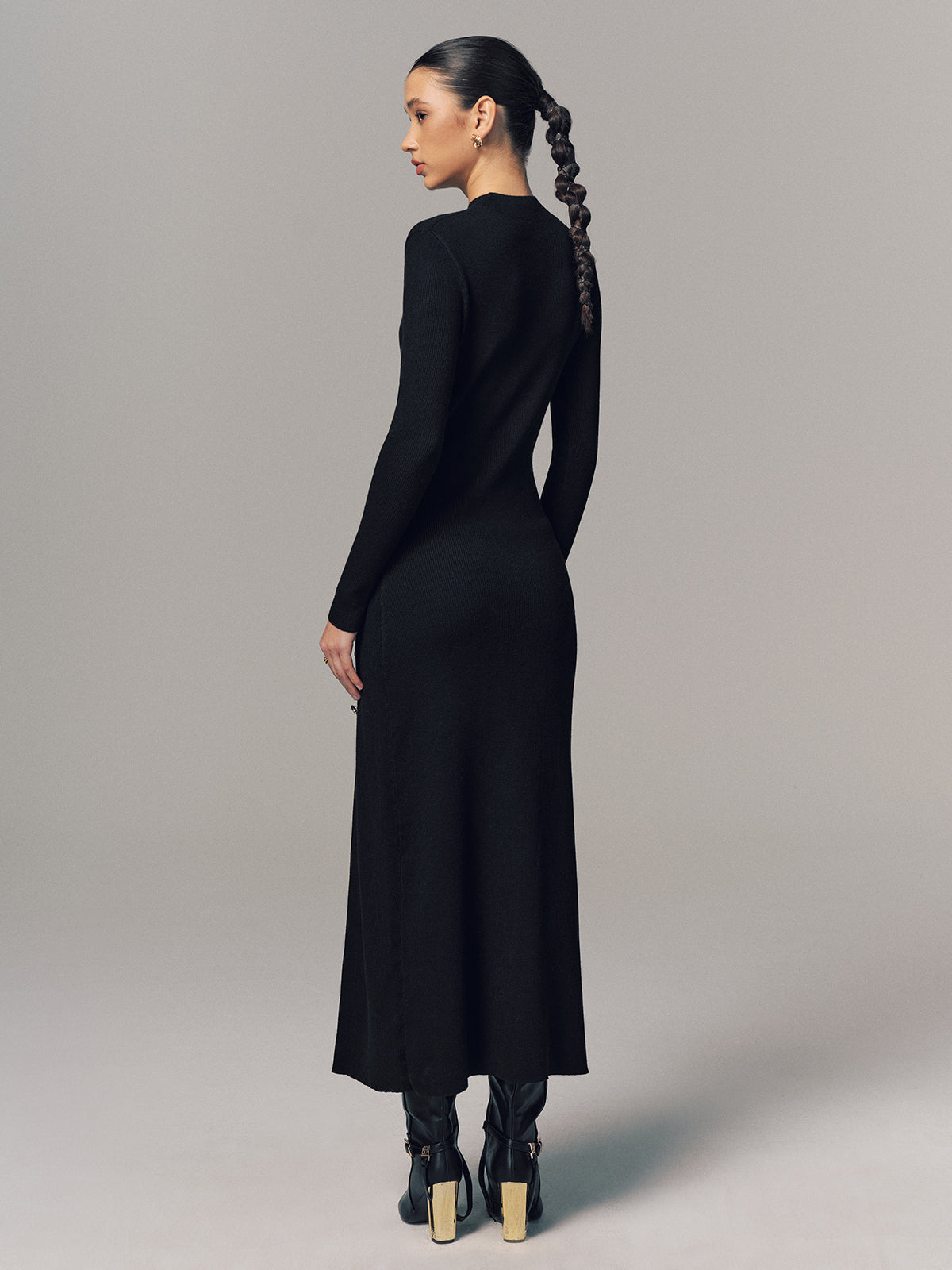 Side Button Slit Rib-Knit Maxi Dress for Women, Casual Long Sleeve