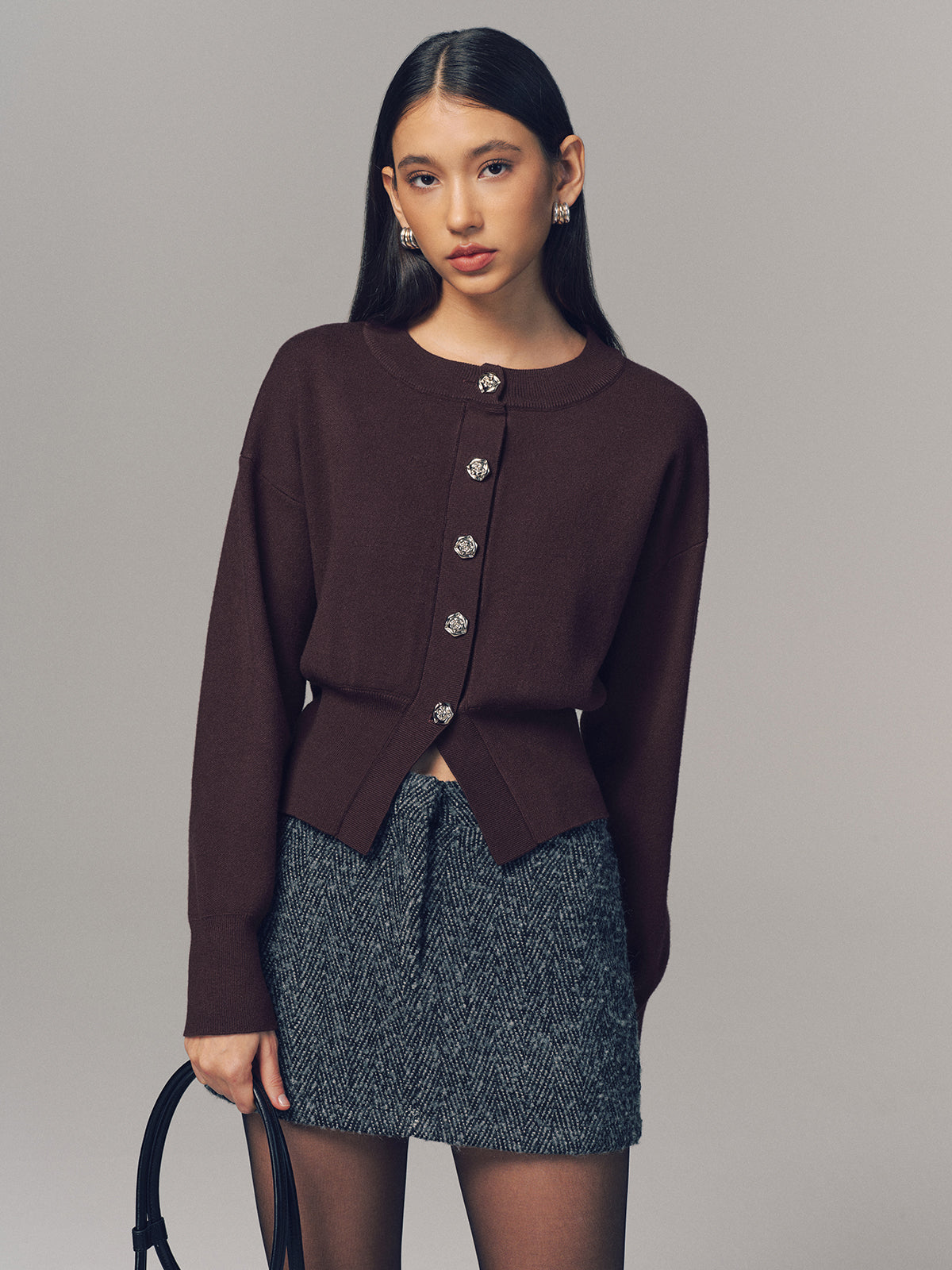 Metal Button Crew Neck Knit Cardigan Women's Lightweight Sweater