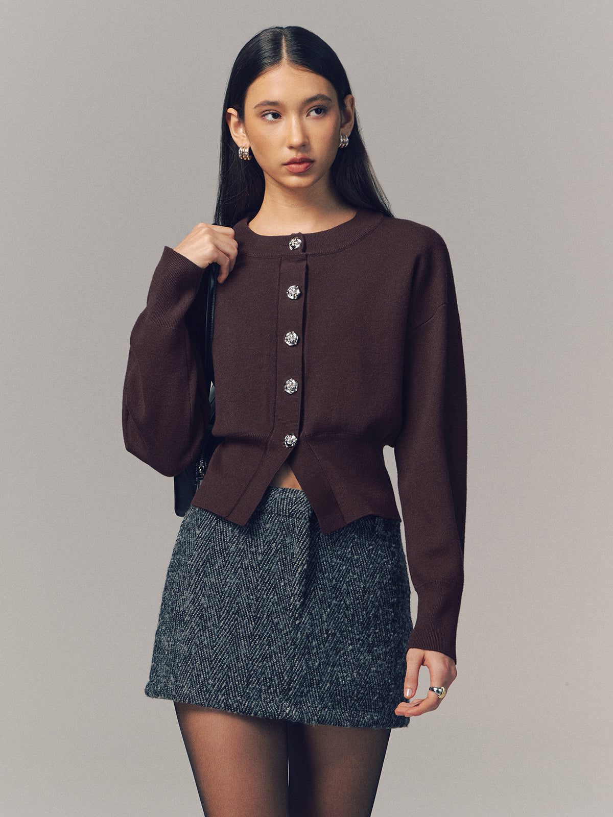 Metal Button Crew Neck Knit Cardigan Women's Lightweight Sweater