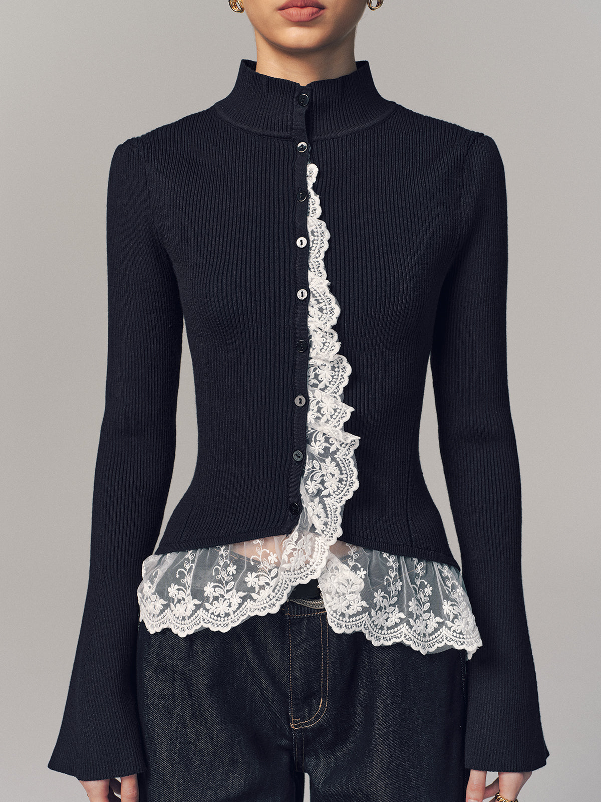 Ribbed Mock Neck Lace Trim Cardigan for Women, Stylish Fall Fashion