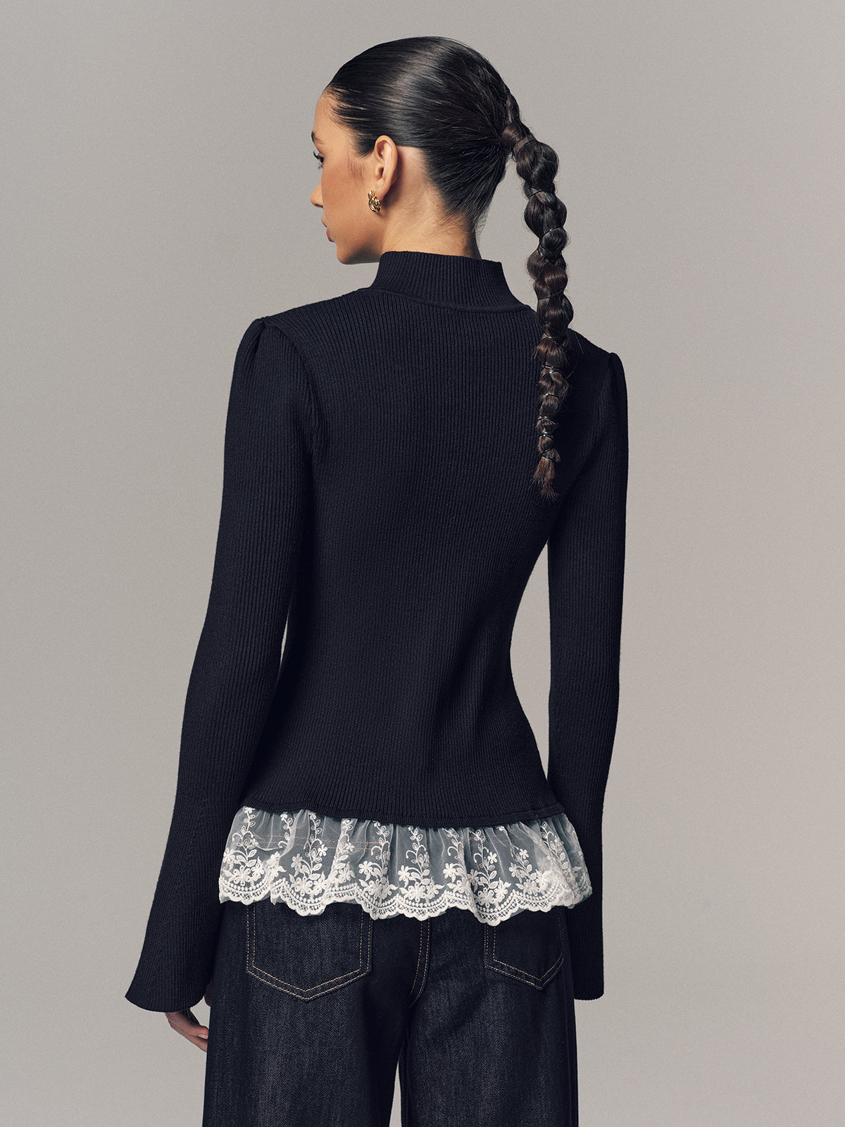 Ribbed Mock Neck Lace Trim Cardigan for Women, Stylish Casual Fall Essential