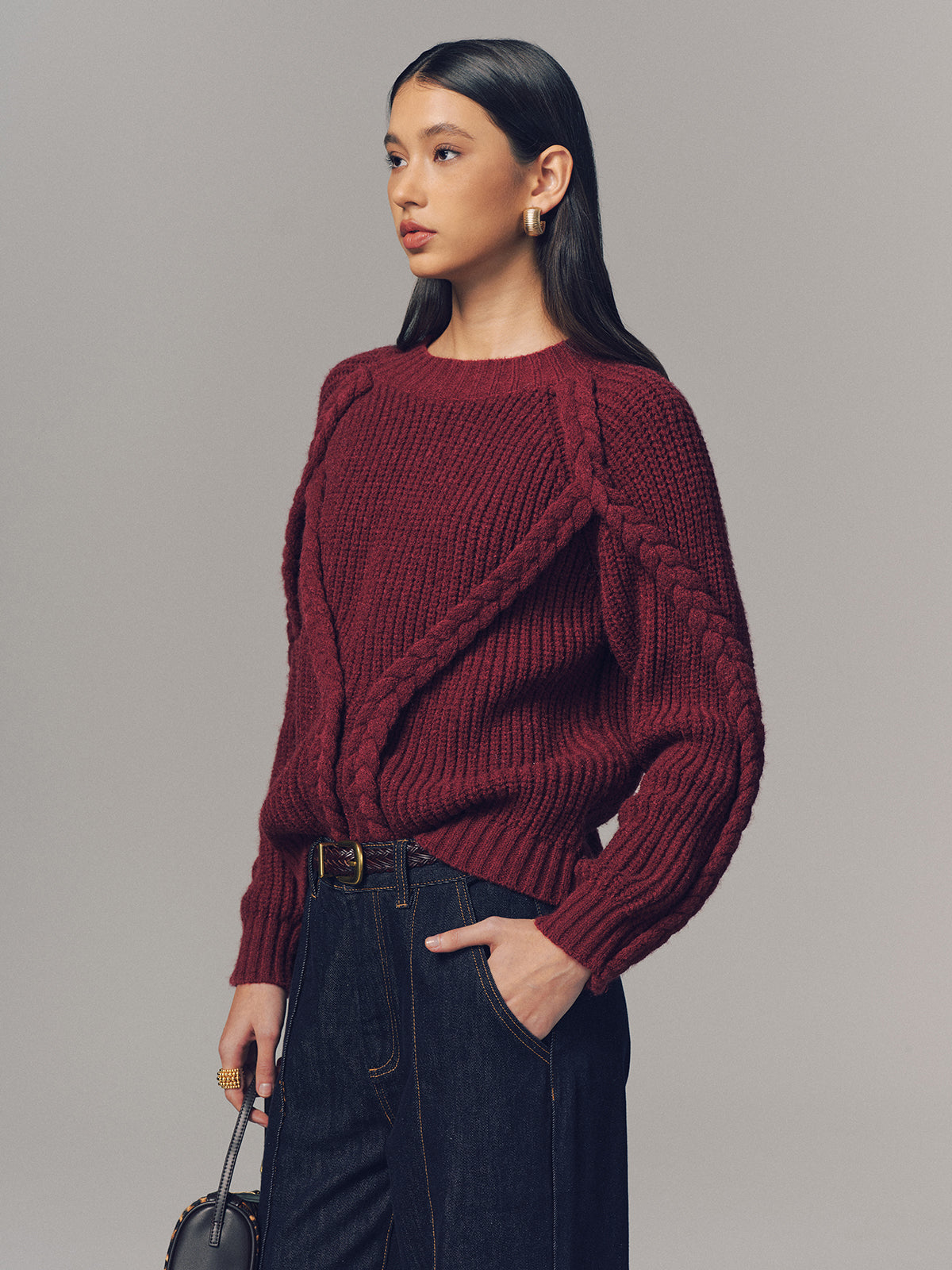 Crew Neck Twisted Cable-Knit Sweater Cozy Winter Essential
