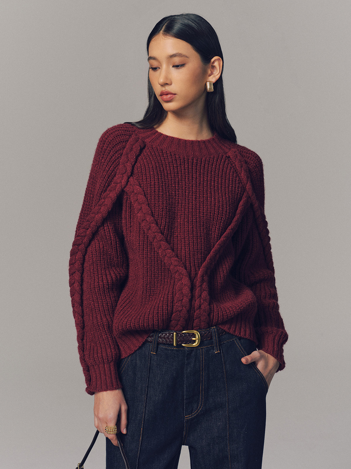 Crew Neck Twisted Cable-Knit Sweater Cozy Winter Essential
