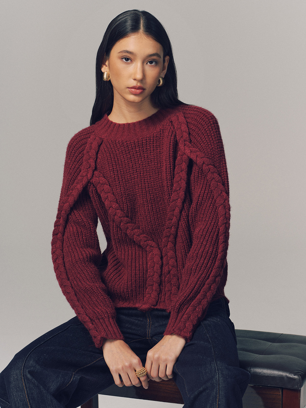 Crew Neck Twisted Cable-Knit Sweater Cozy Winter Essential