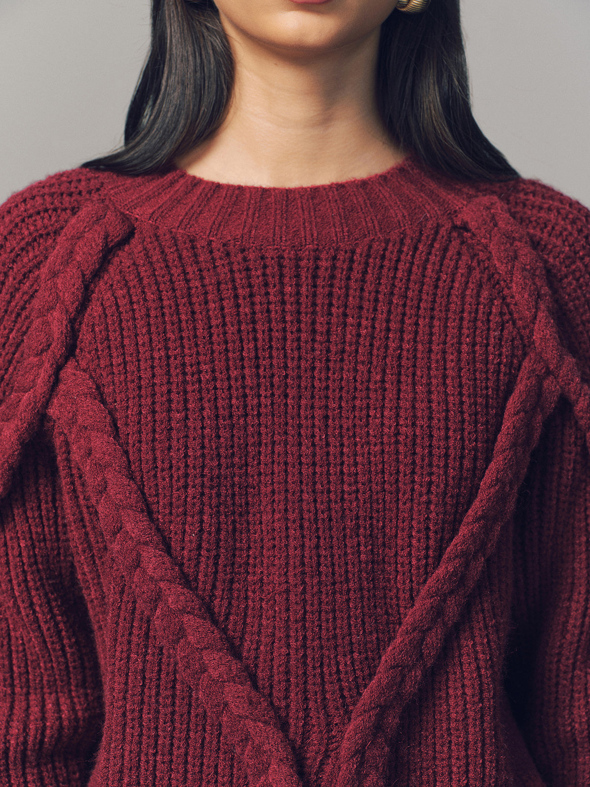 Crew Neck Twisted Cable-Knit Sweater Cozy Winter Essential