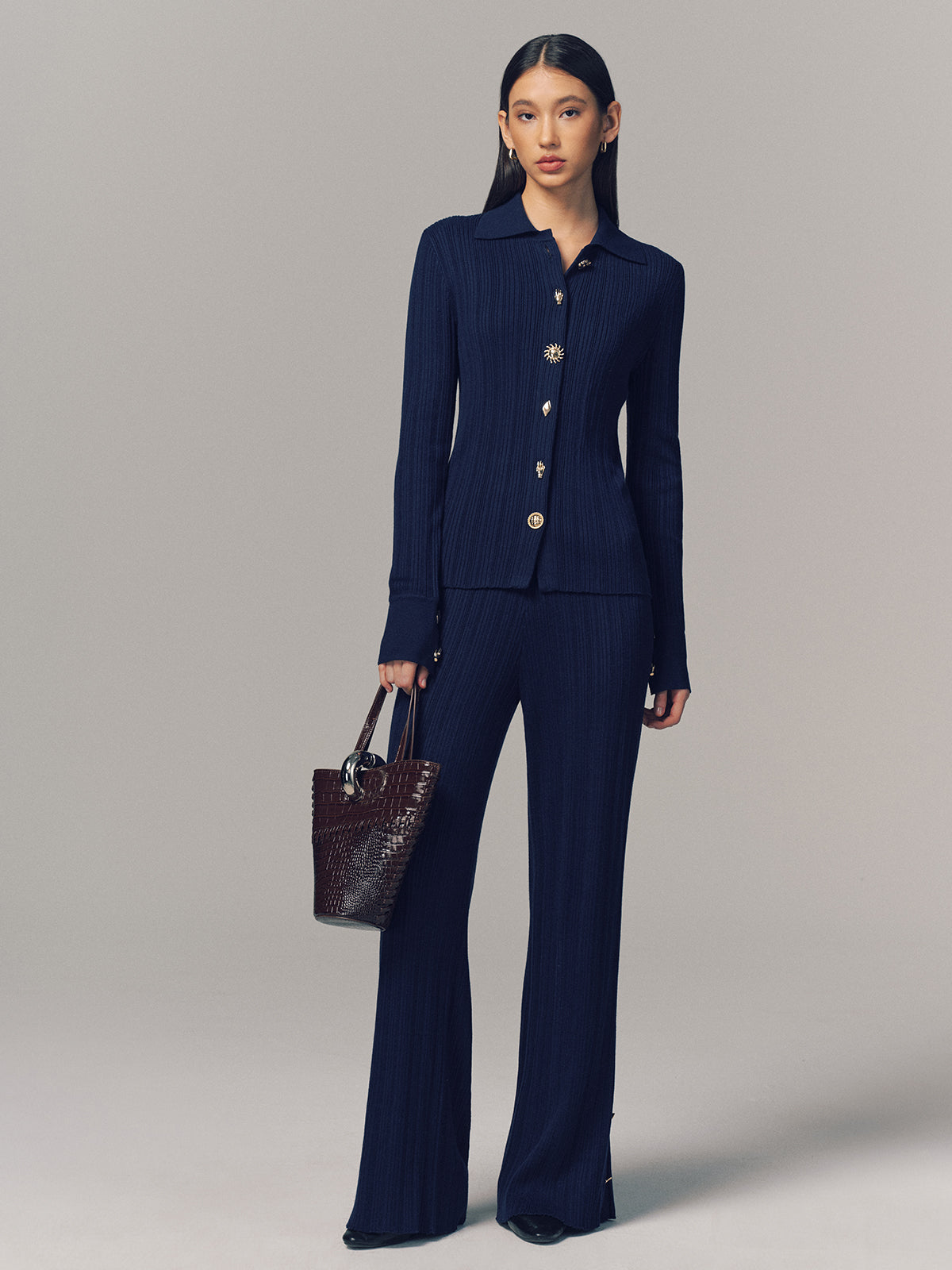 Textured Wool-Blend Metal-Detail High-Waist Slit Knit Pants for Women