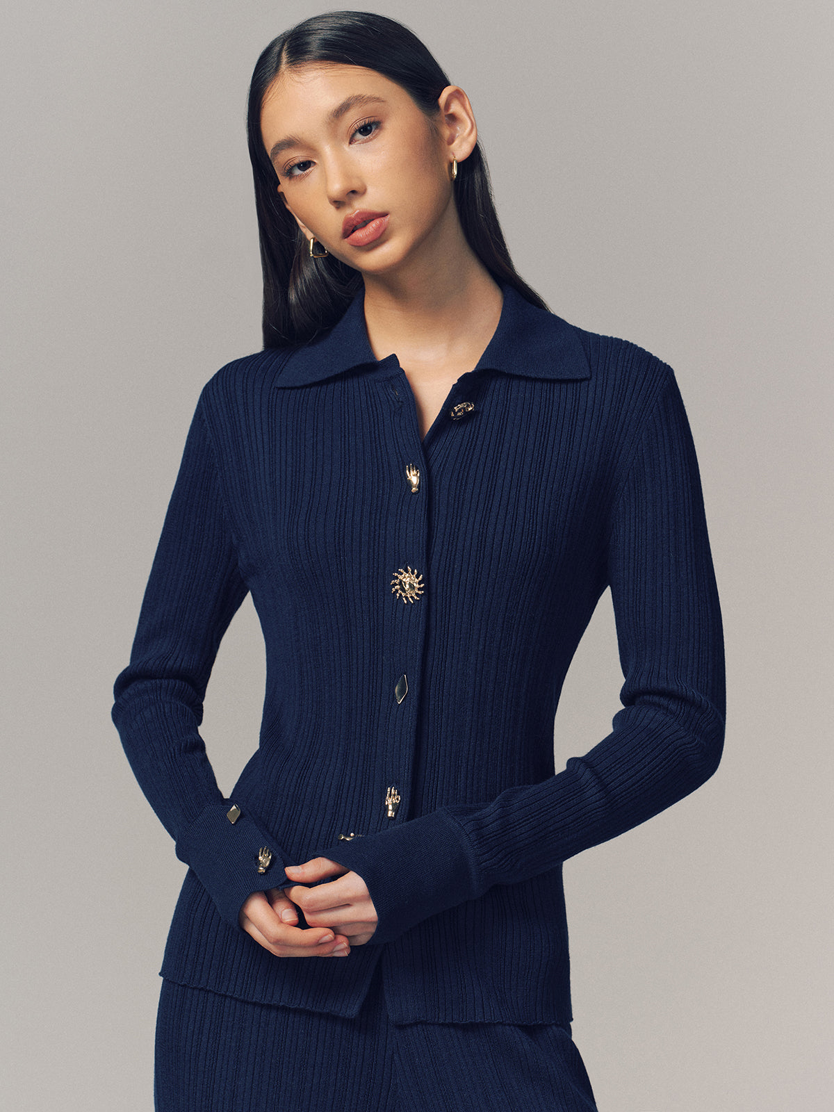 Textured Wool-Blend Collared Cardigan for Women Comfort Fit