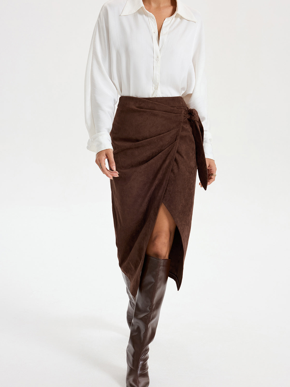 Tie Knot Suede Effect Midi Skirt for Women Casual Chic