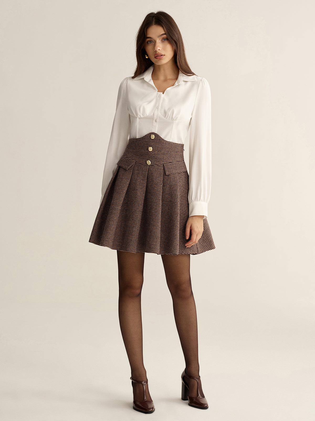 Houndstooth High-Waisted Pleated Mini Skirt Trendy Classic Print