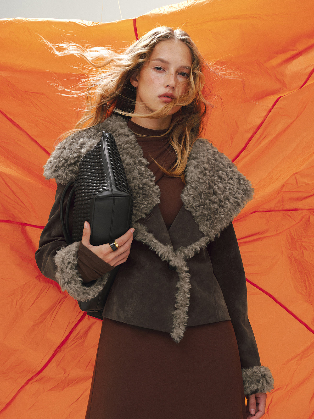 Shearling Collar Suede Effect Short Jacket for Women Classic Style