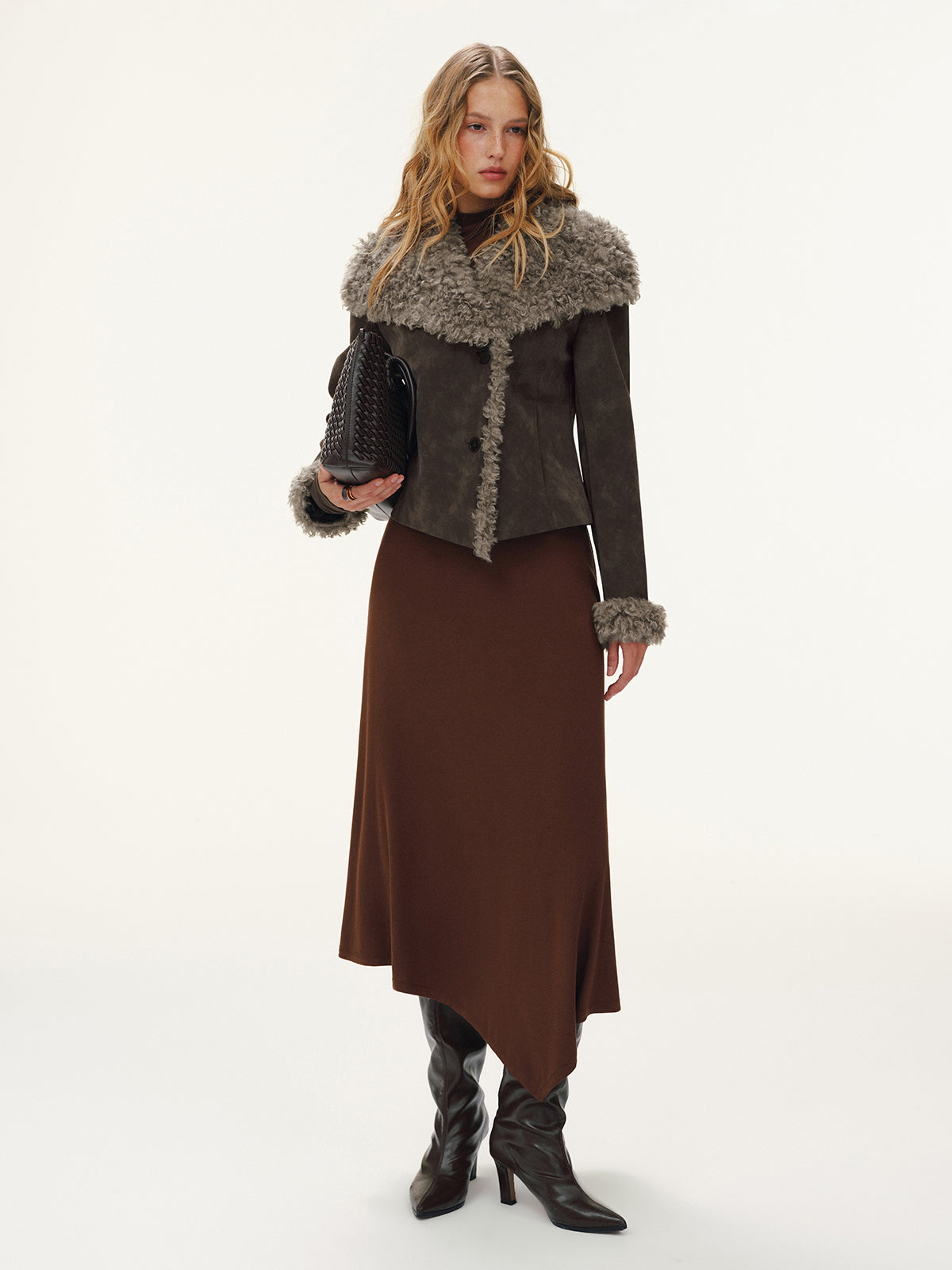Shearling Collar Suede Effect Short Jacket for Women Classic Style