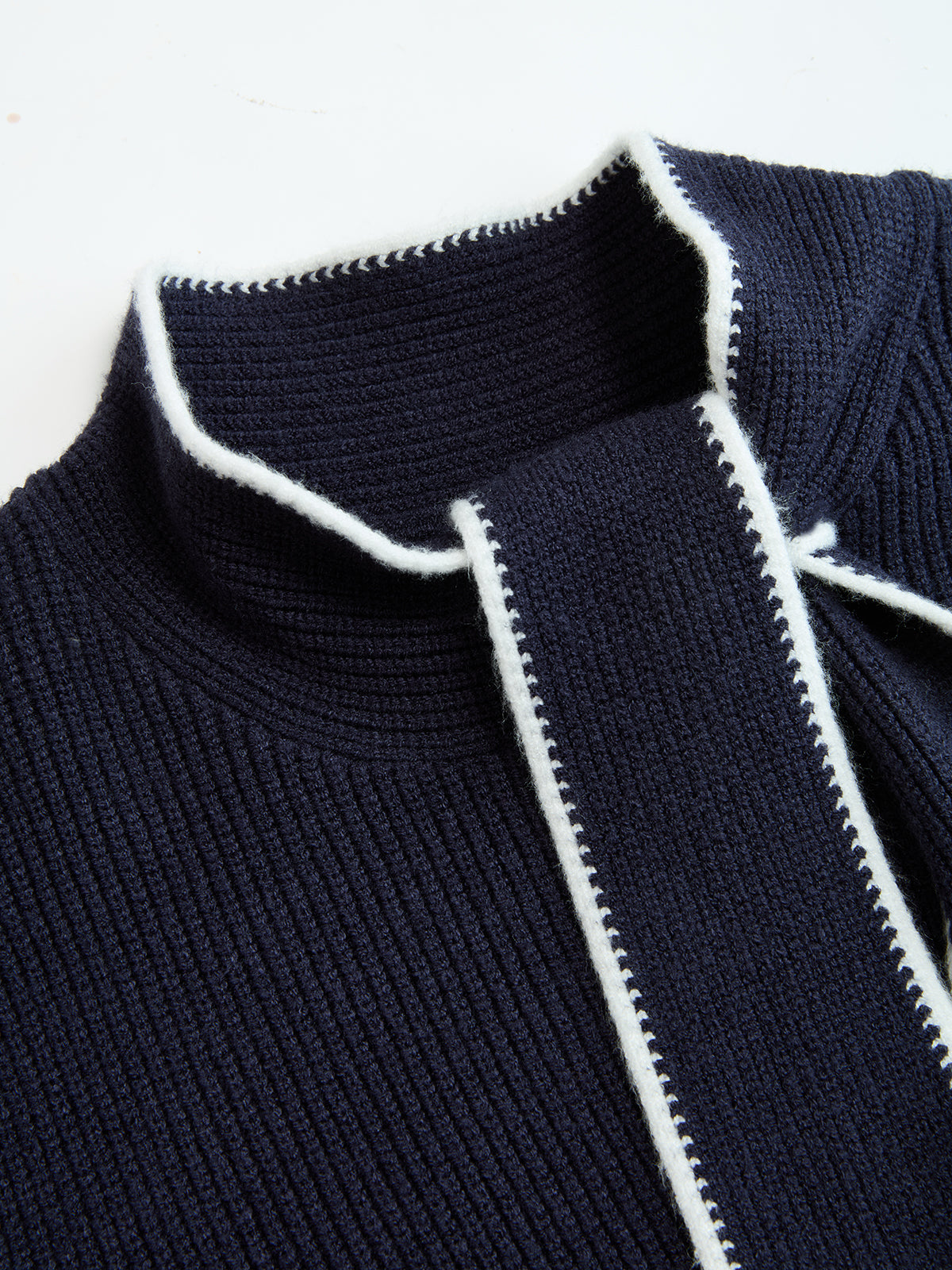 Contrast-Trim Tie-Neck Knit Midi Dress - Elegant Women's Casual Wear
