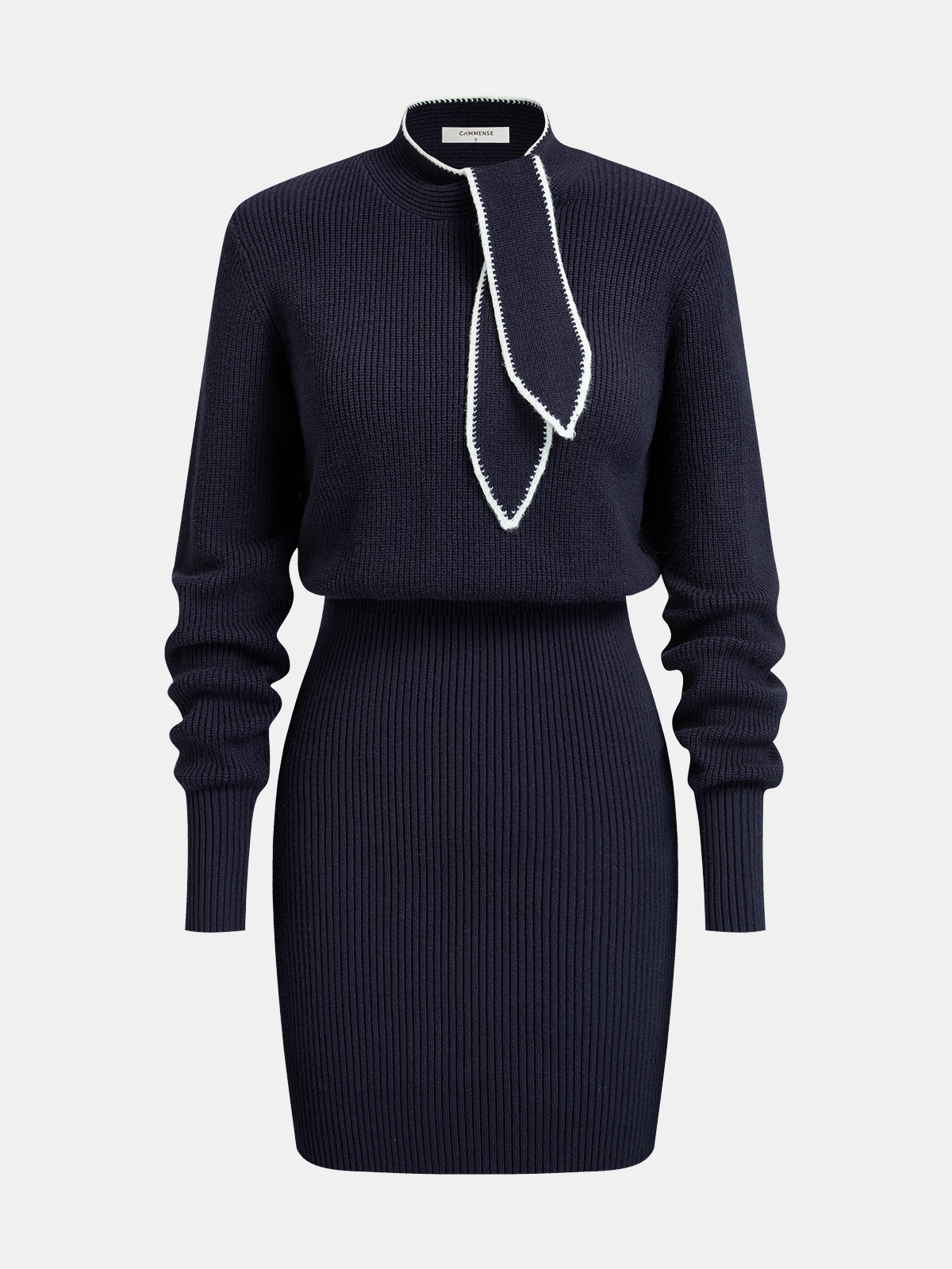 Contrast-Trim Tie-Neck Knit Midi Dress - Elegant Women's Casual Wear