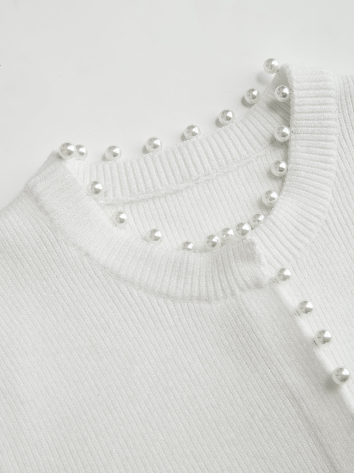 Pearl Trim Ribbed Knit Top Women's Casual Fashion Sleeve Detail