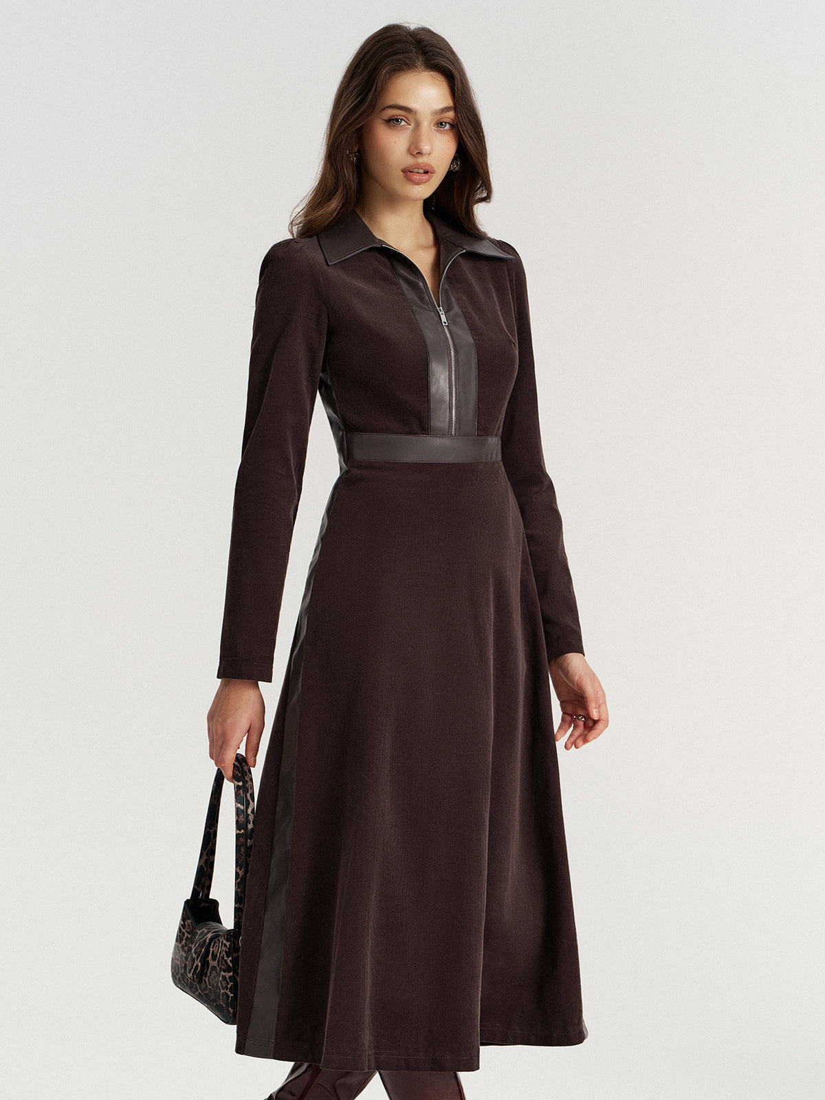 Faux Leather Panel Corduroy Midi Dress with Belted Waist Detail