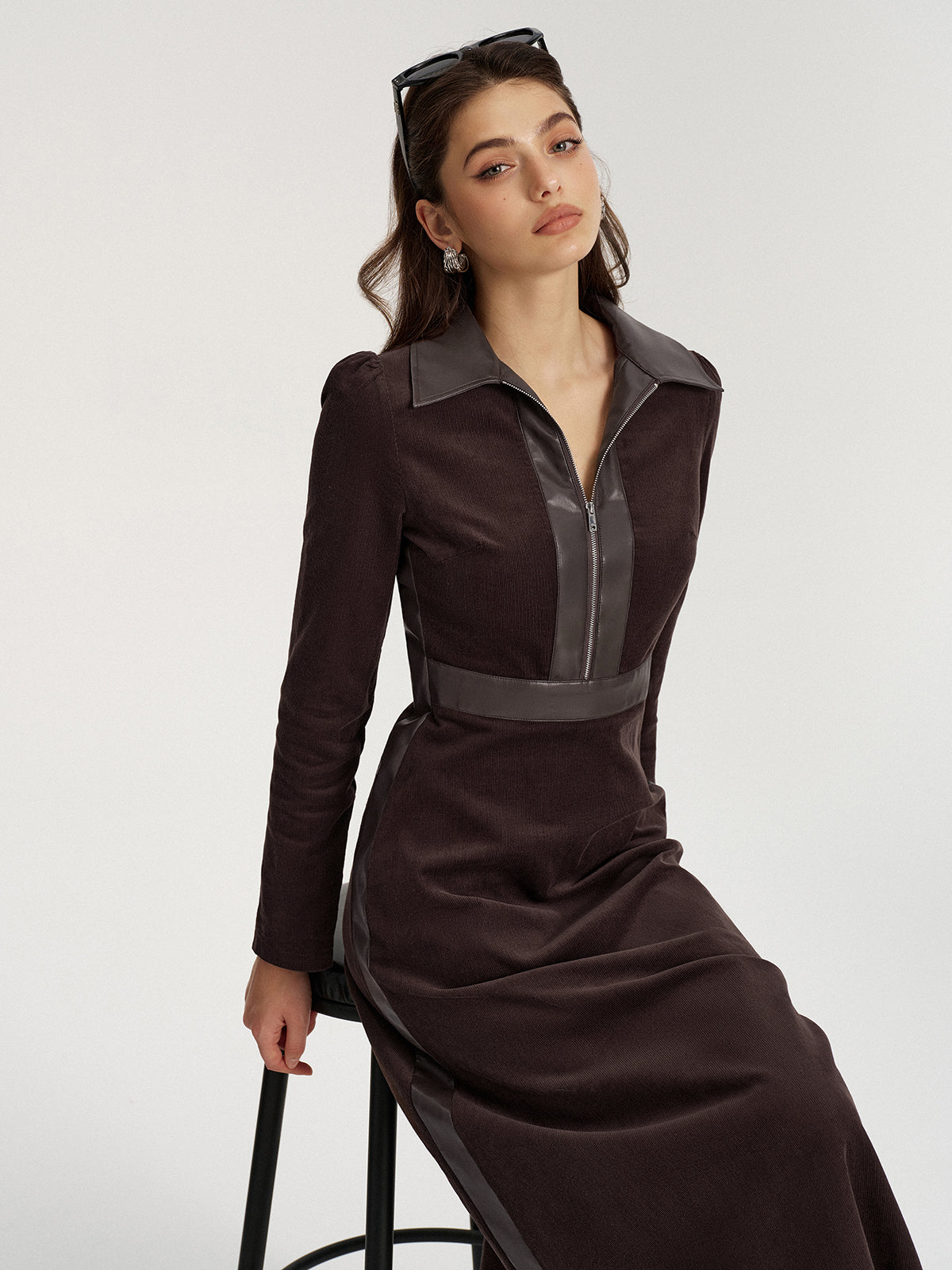 Faux Leather Panel Corduroy Midi Dress with Belted Waist Detail