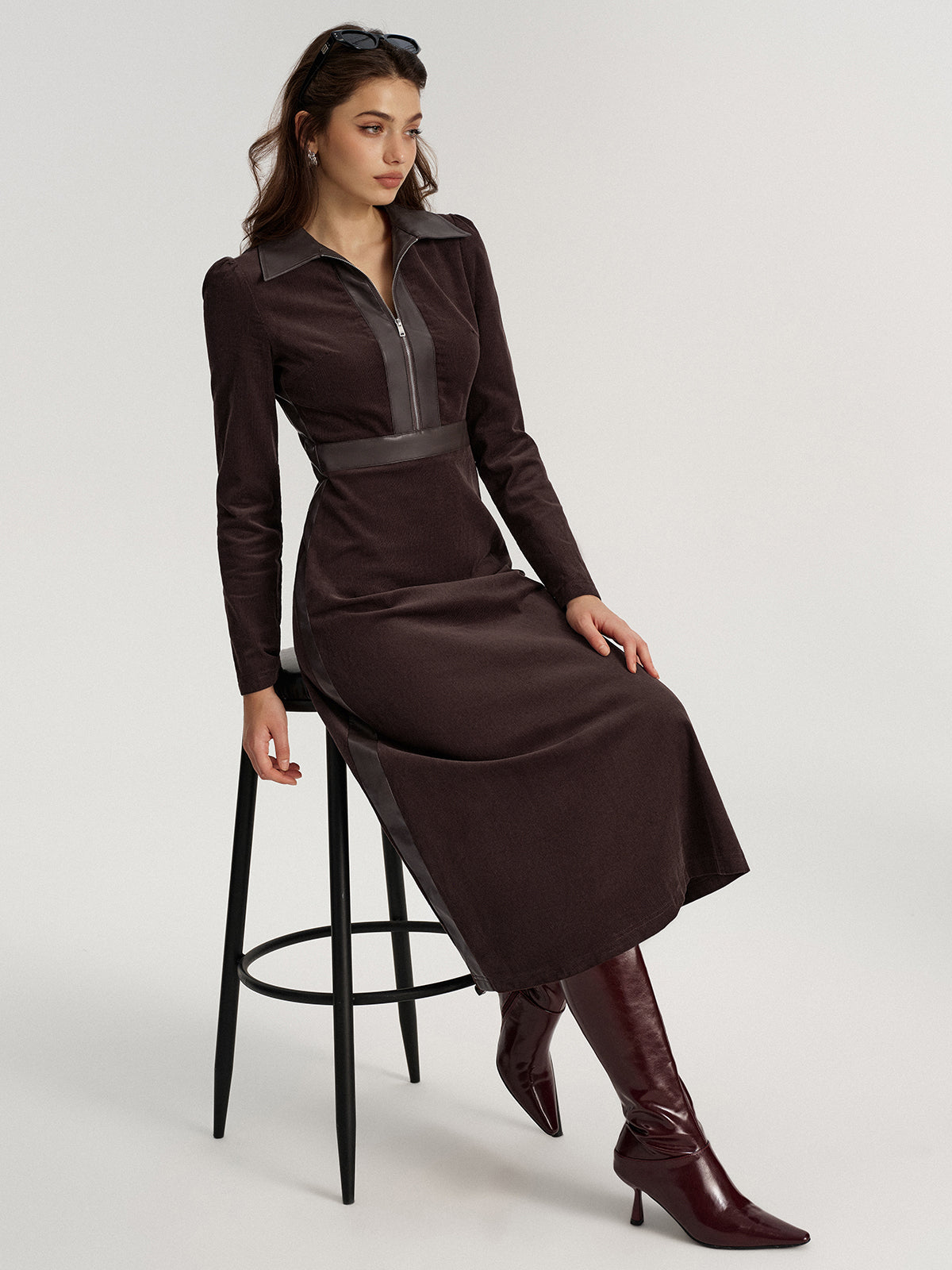 Faux Leather Panel Corduroy Midi Dress with Belted Waist Detail