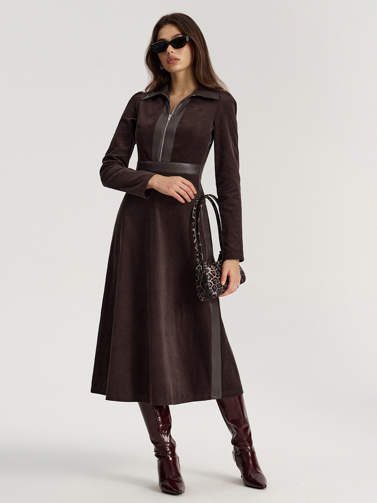 Faux Leather Panel Corduroy Midi Dress with Belted Waist Detail