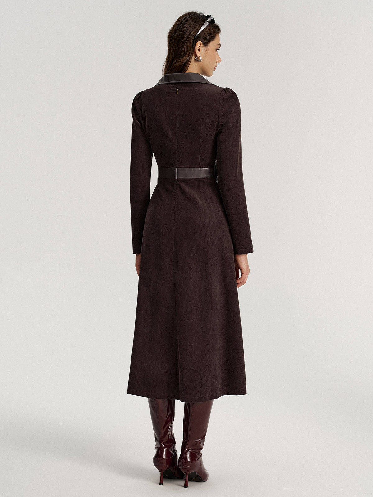 Faux Leather Panel Corduroy Midi Dress with Belted Waist Detail