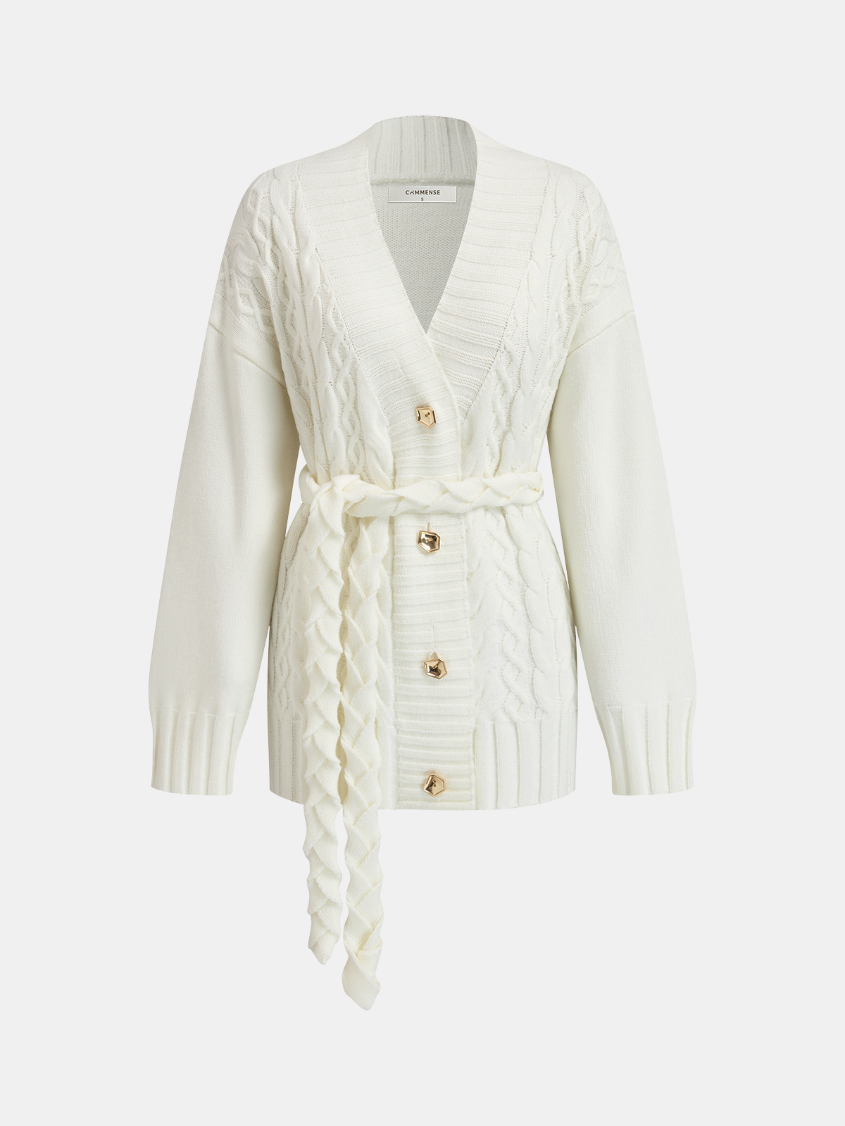 Belted Cable-Knit Cardigan with Metal Button Detail, Cozy Winter Layer Essential
