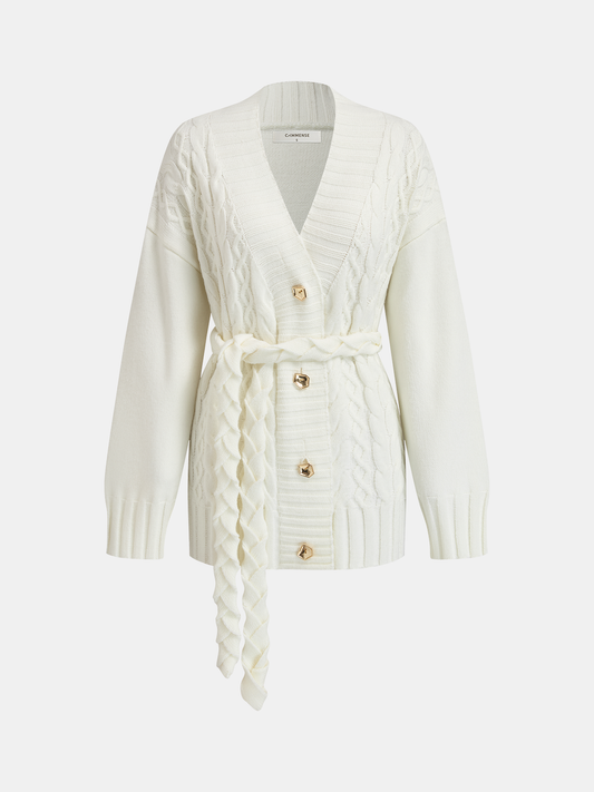 Belted Cable-Knit Cardigan with Metal Button Detail, Cozy Winter Layer Essential