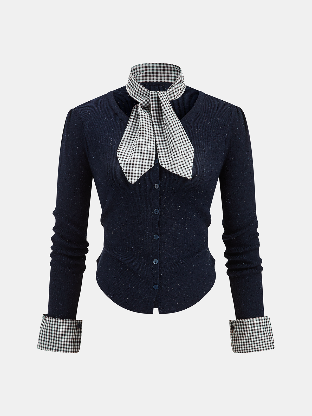 Gingham Cuff Button Front Cardigan with Scarf, Elegant Women's Fashion Sweater