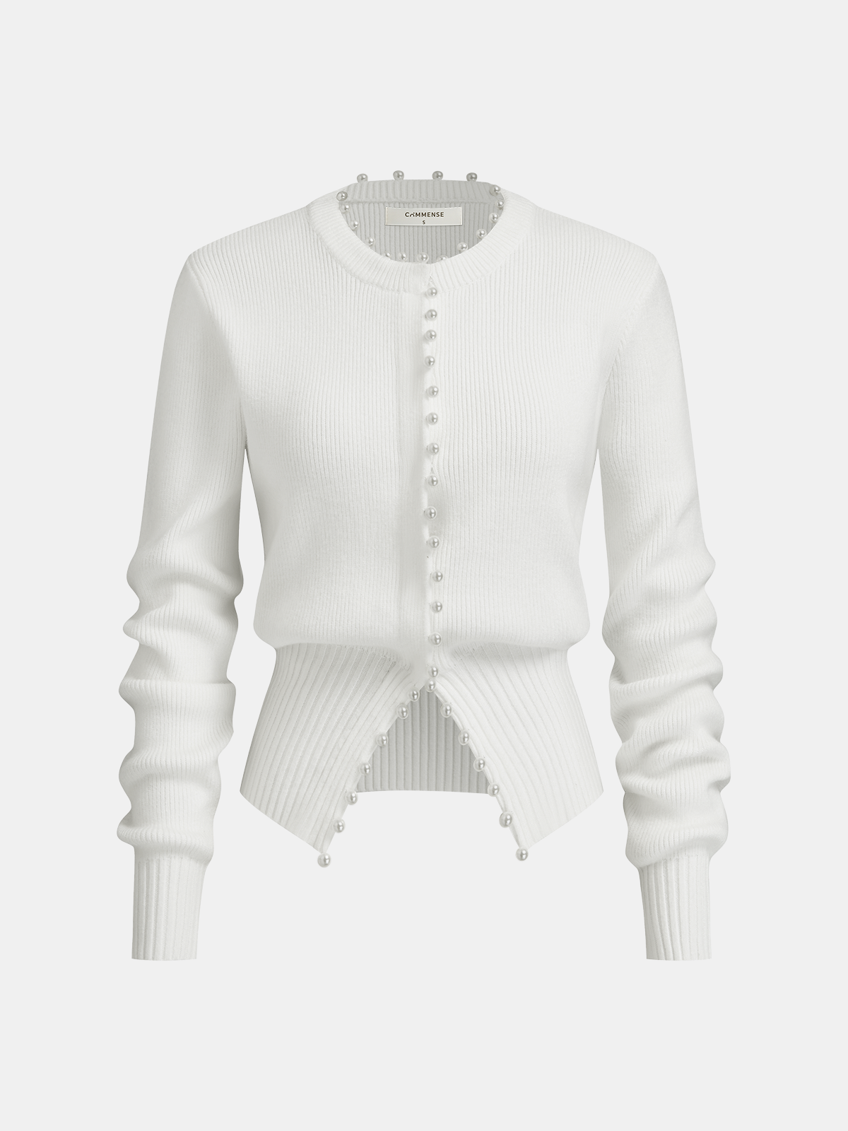 Pearl Trim Ribbed Knit Top Women's Casual Fashion Sleeve Detail
