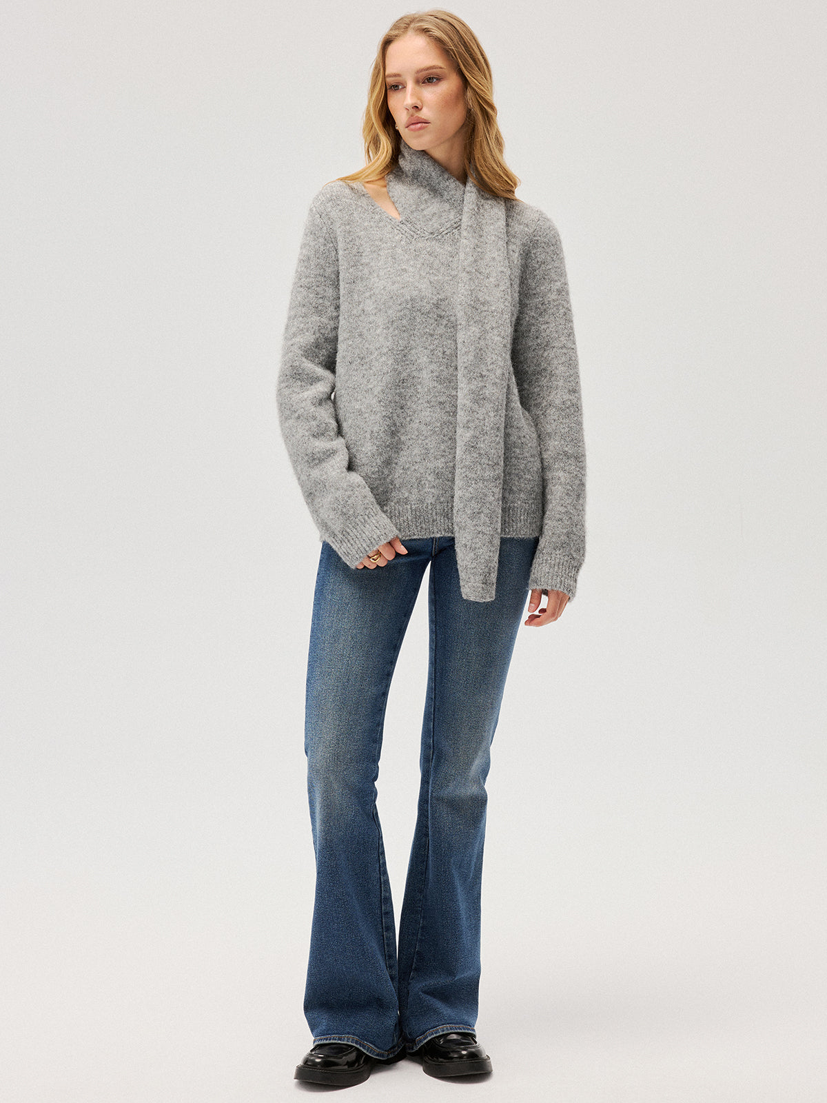 Wool-Blend Scarf-Attached Sweater for Cozy Warmth