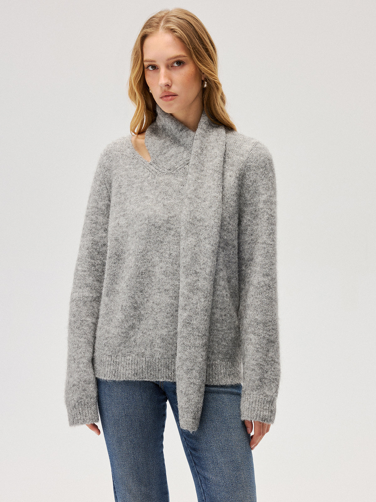 Wool-Blend Scarf-Attached Sweater for Cozy Warmth