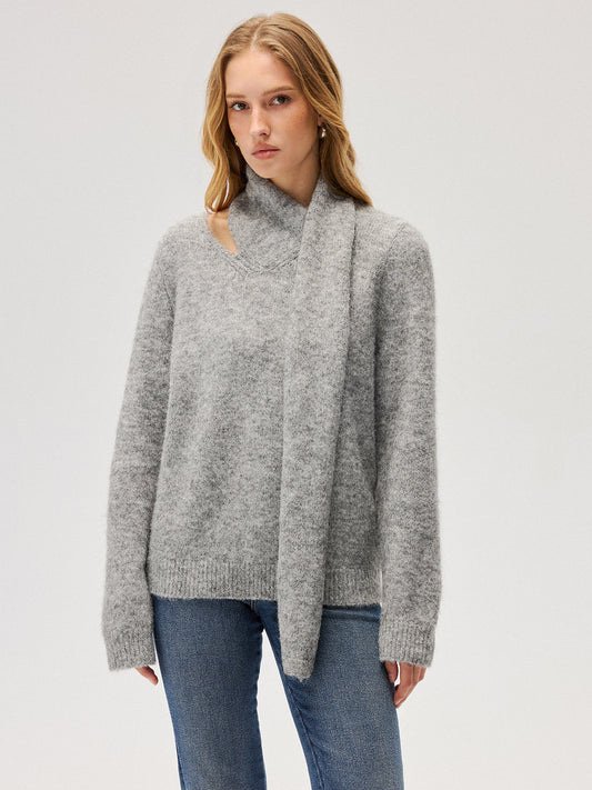 Wool-Blend Scarf-Attached Sweater for Cozy Warmth