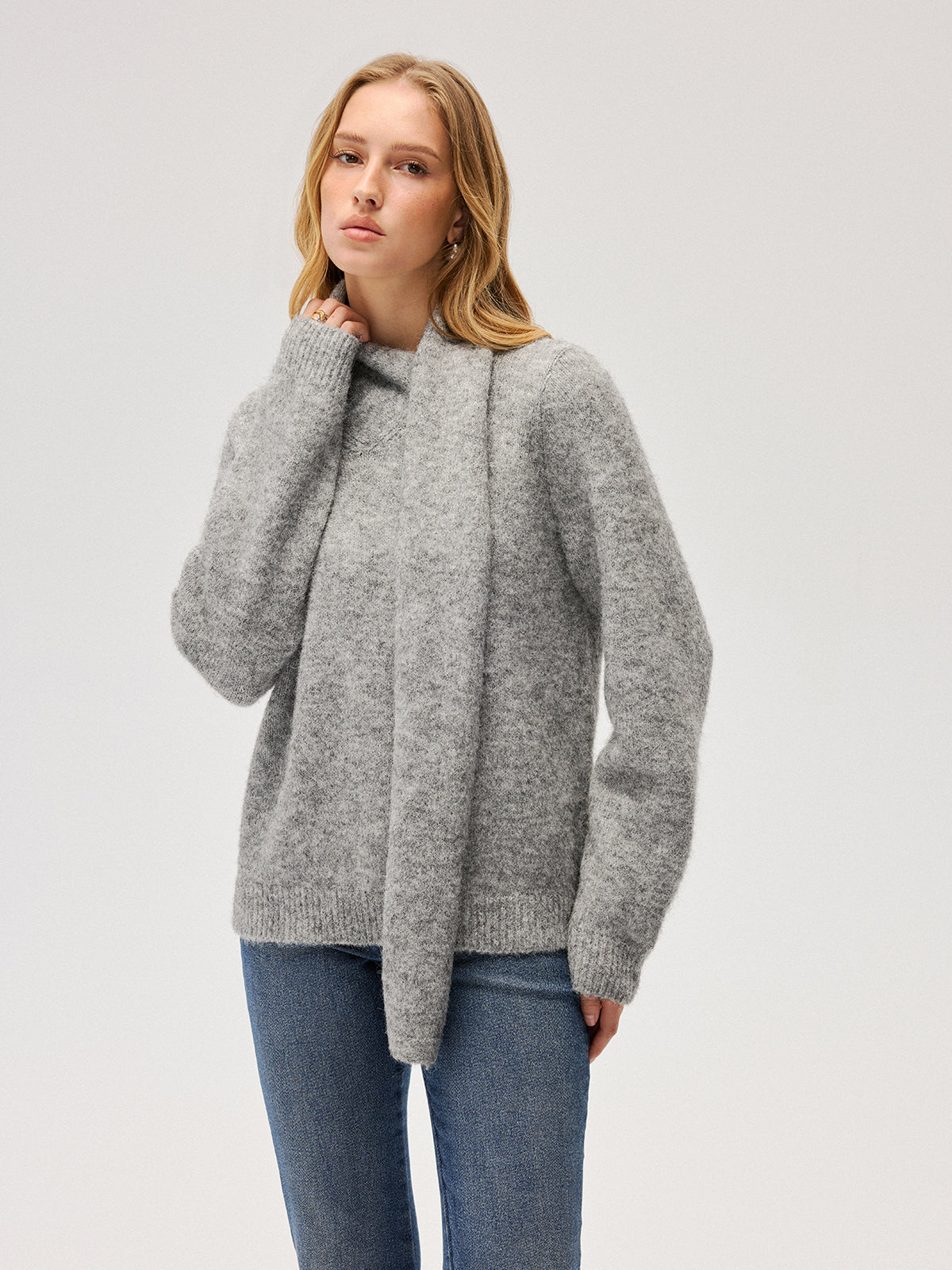 Wool-Blend Scarf-Attached Sweater for Cozy Warmth