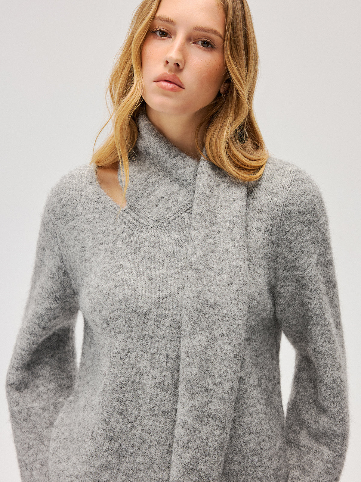 Wool-Blend Scarf-Attached Sweater for Cozy Warmth